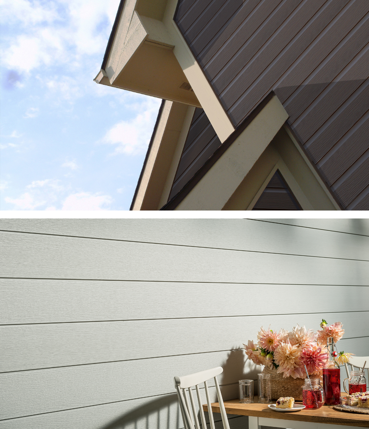 Upper photo shows close-up of roof line with PVC siding. Lower photo shows pearl grey PVC siding with flower arrangement.