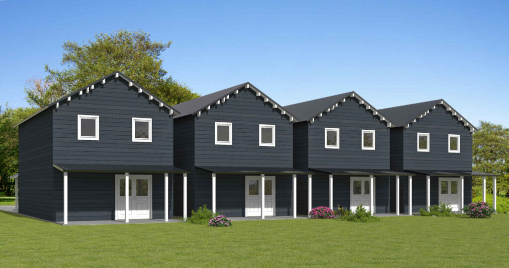 Dark grey townhouses in a row