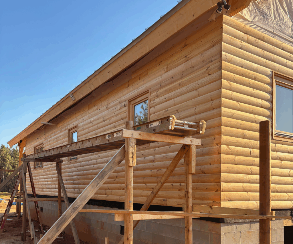 D-log siding on a premanufactured house.