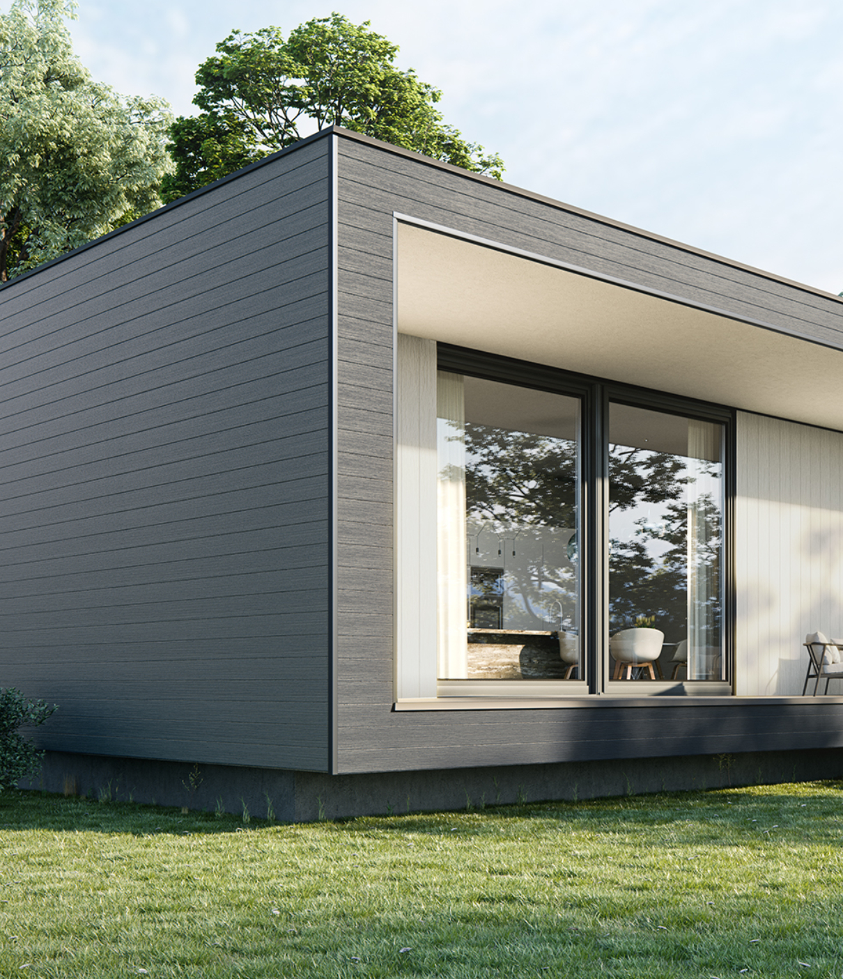 The side of a house, showing off the grey PVC siding, one of several options.
