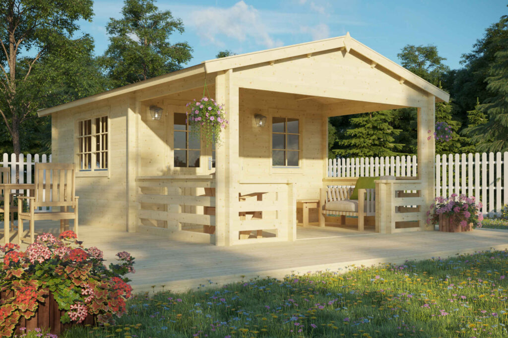 Tiny natural wood cabin with covered porch.