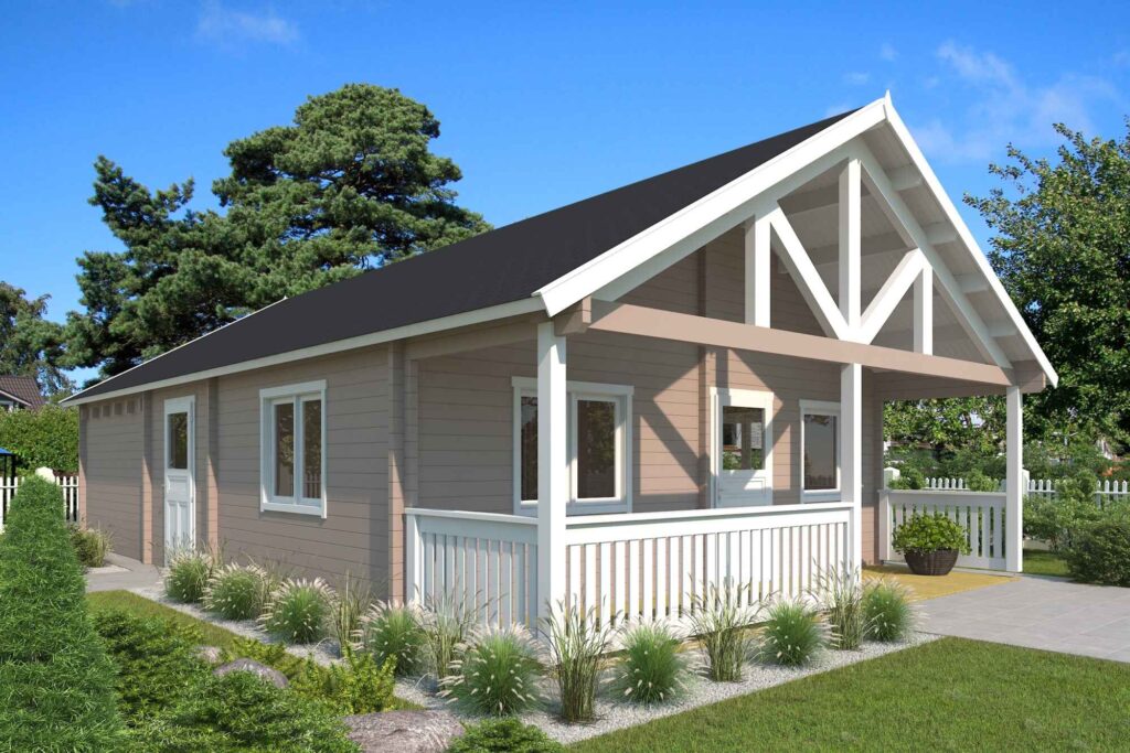 A beige cabin with white detailing.