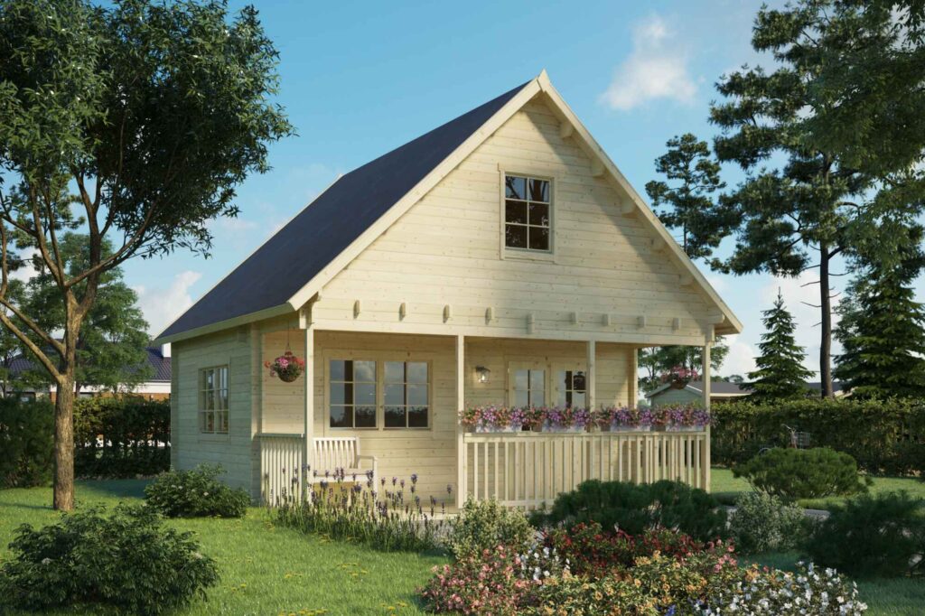 A bunkie with loft and front covered porch.
