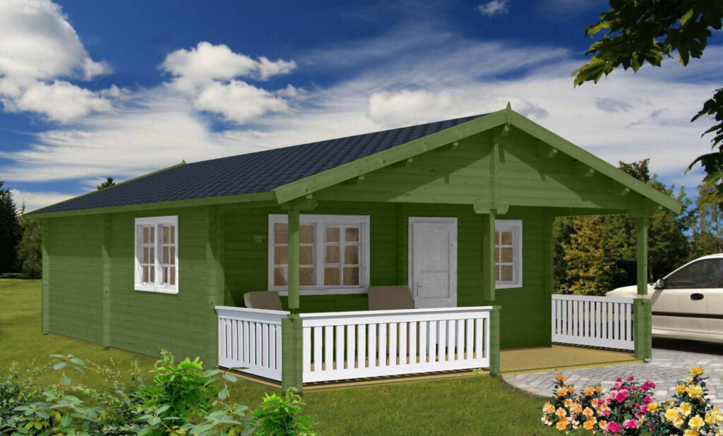A green single story cabin