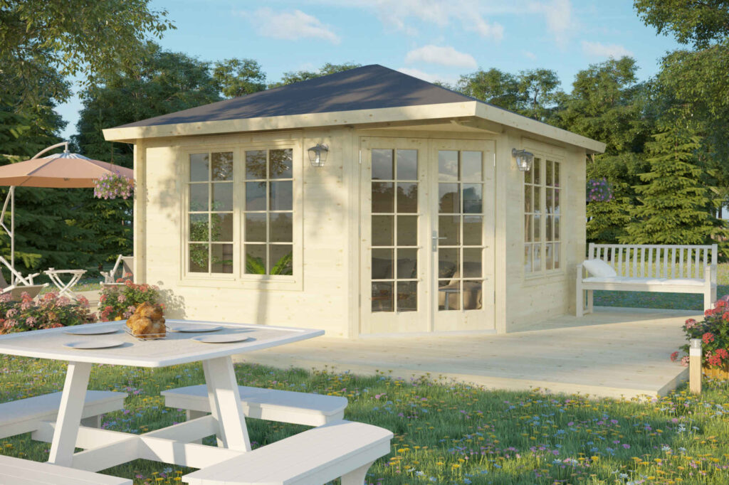 A closed gazebo with tall windows