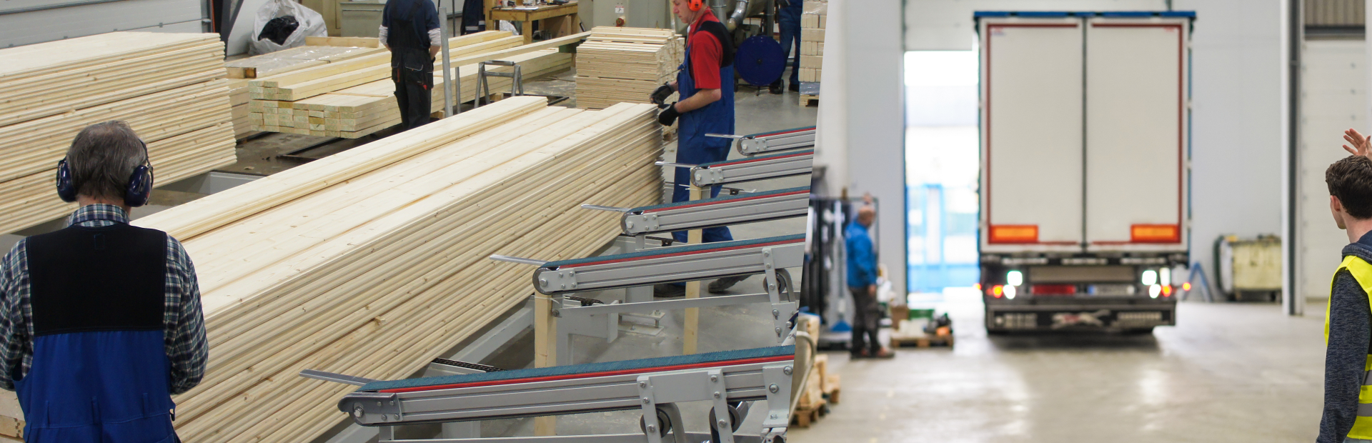 A banner photo: half the photo shows work happening in a factory and the other half shows a truck backing into the factory to be loaded.