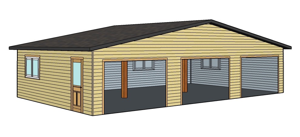 3D sketch of a 3 car wooden garage
